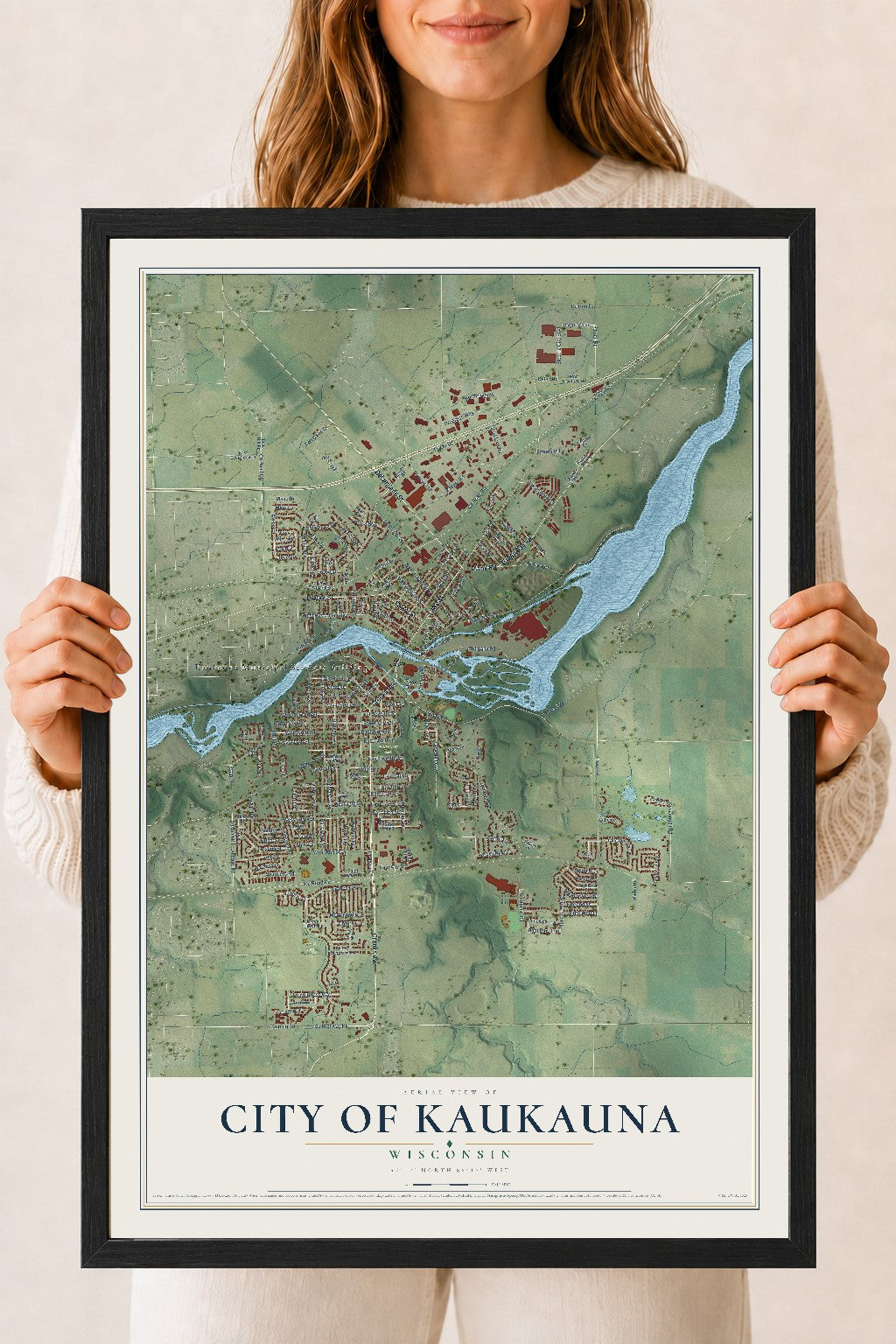 Map of Kaukauna, Wisconsin, 18 x 24 inch print in a black wood frame