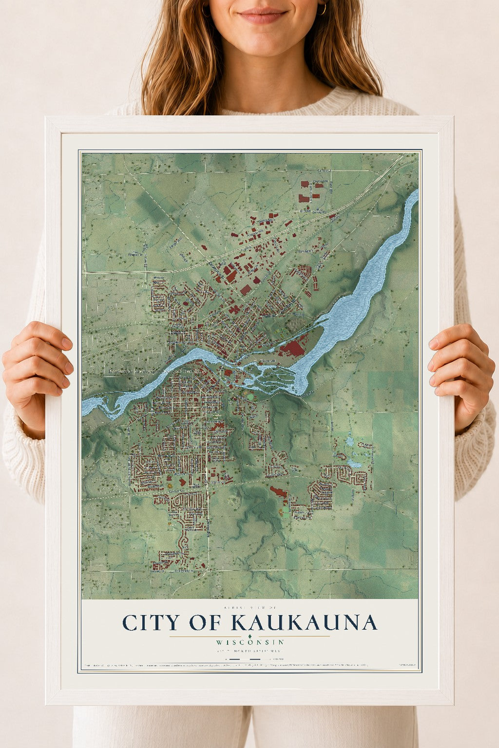 Map of Kaukauna, Wisconsin, 18 x 24 inch print in a white wood frame