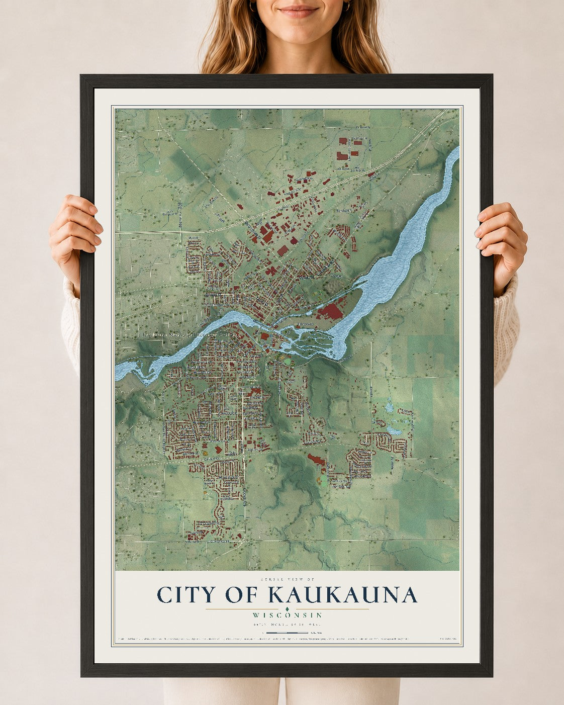 Map of Kaukauna, Wisconsin, 24 x 36 inch print in a black wood frame