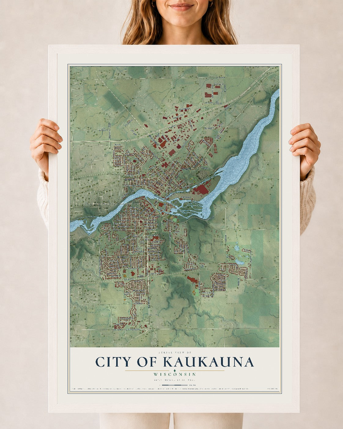 Map of Kaukauna, Wisconsin, 24 x 36 inch print in a white wood frame