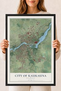 Map of Kaukauna, Wisconsin, 18 x 24 inch print in a black wood frame