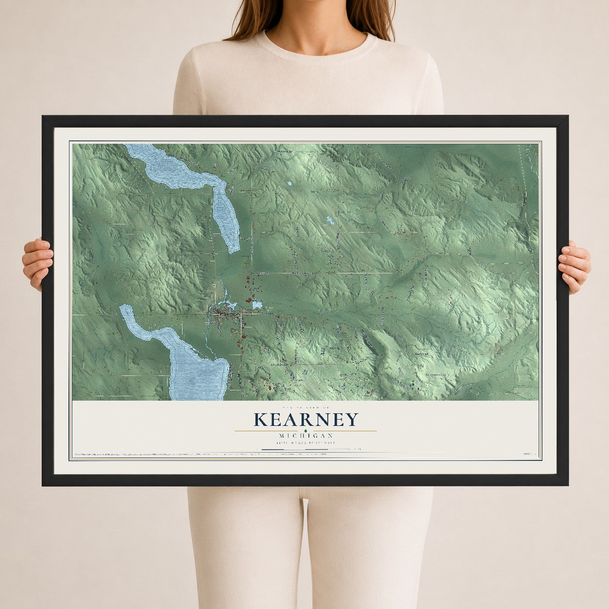 Map of Kearney, Michigan, 24 x 36 inch print in a black wood frame