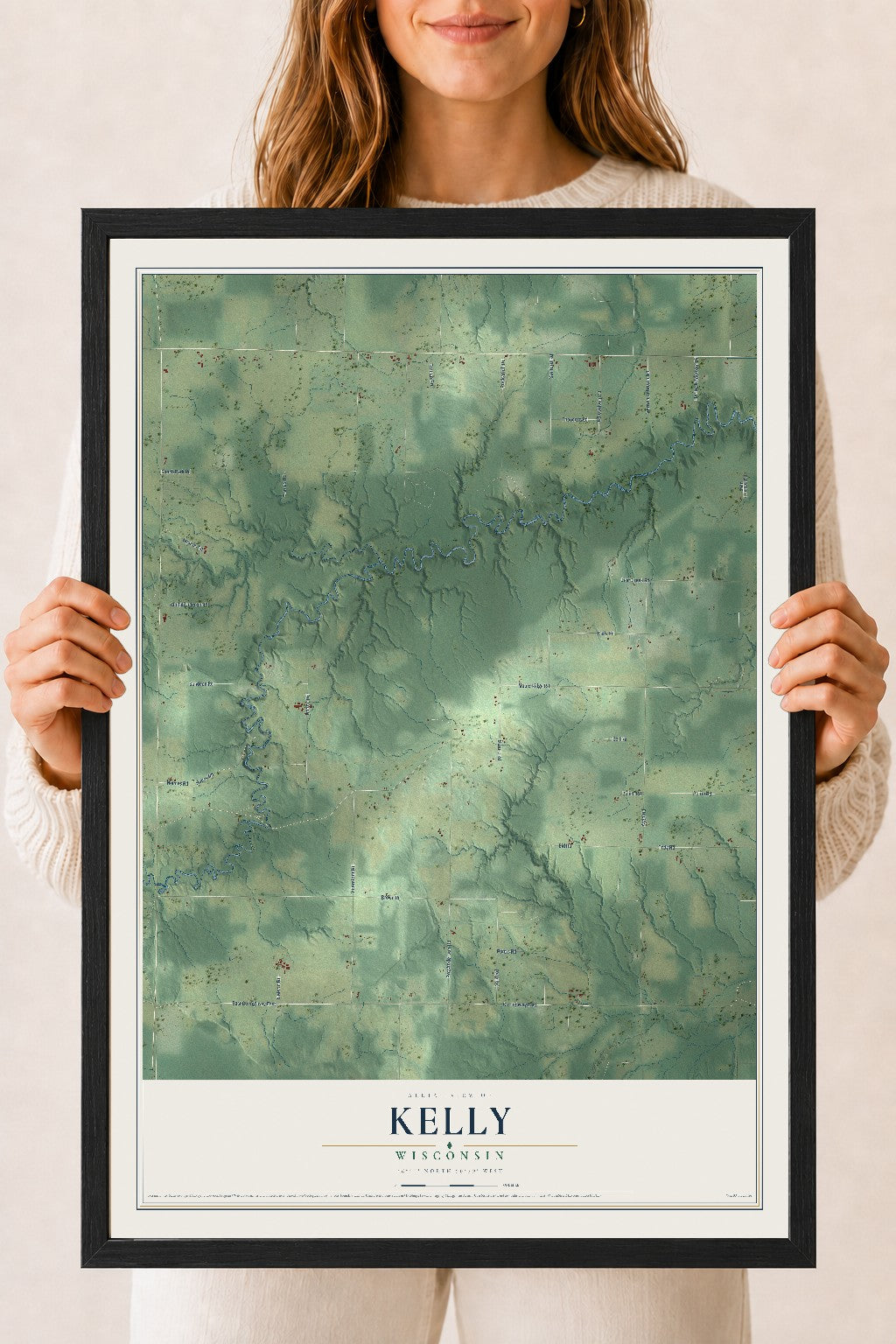 Map of Kelly, Wisconsin, 18 x 24 inch print in a black wood frame