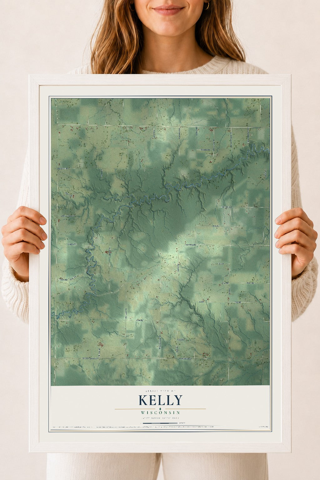 Map of Kelly, Wisconsin, 18 x 24 inch print in a white wood frame