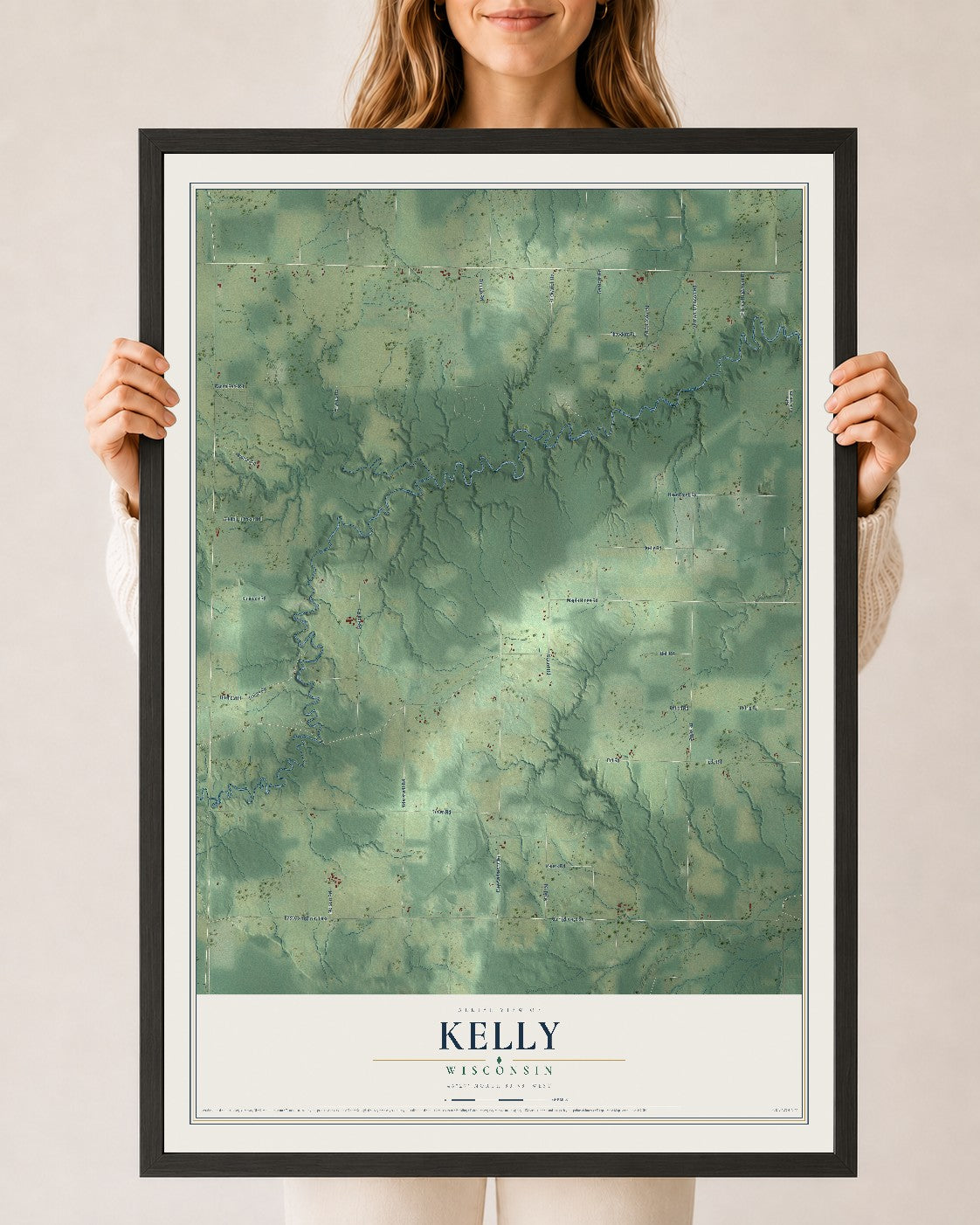 Map of Kelly, Wisconsin, 24 x 36 inch print in a black wood frame