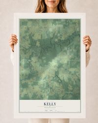 Map of Kelly, Wisconsin, 24 x 36 inch print in a white wood frame