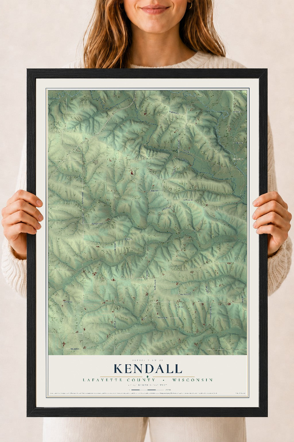 Map of Kendall, Lafayette County, Wisconsin, 18 x 24 inch print in a black wood frame