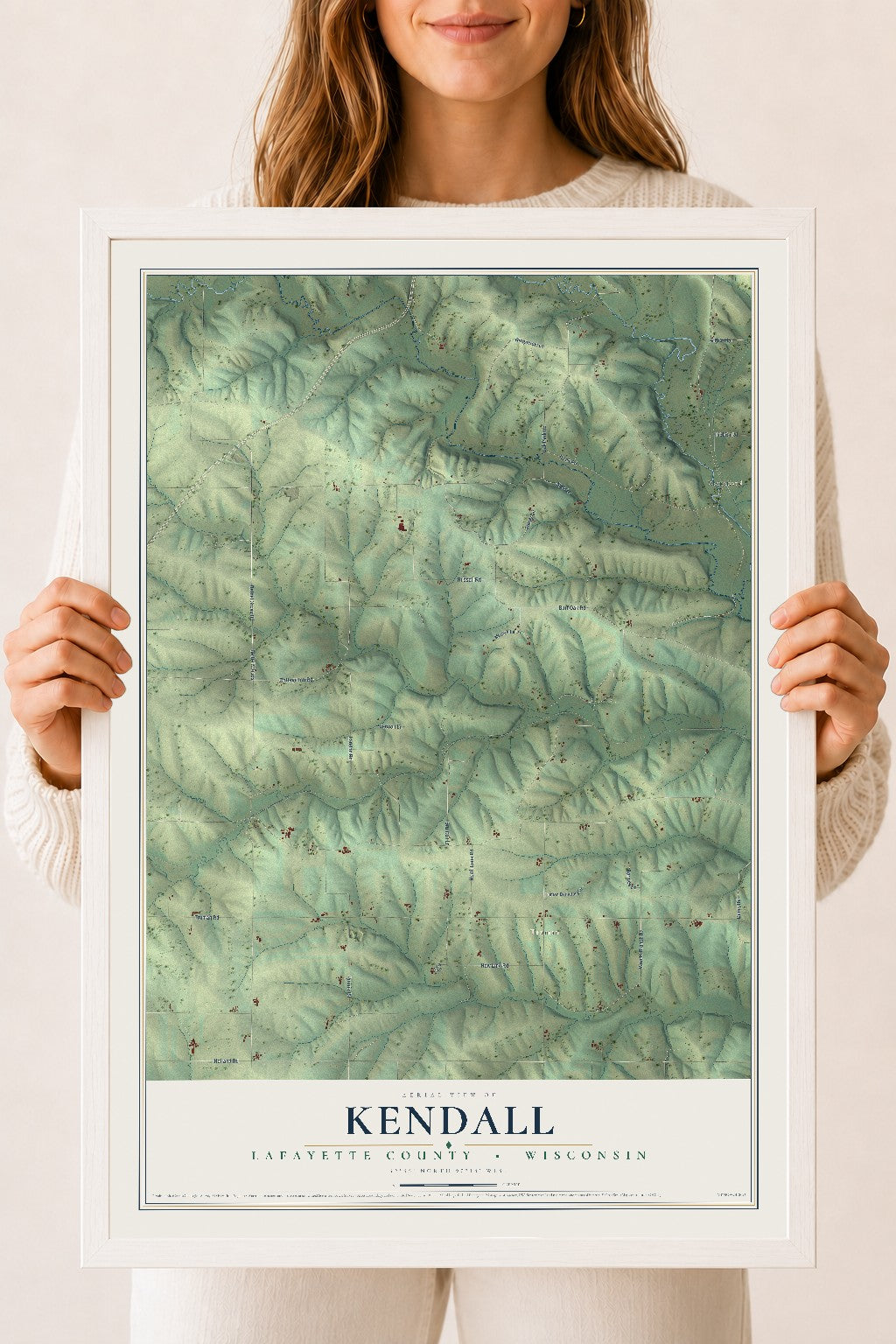 Map of Kendall, Lafayette County, Wisconsin, 18 x 24 inch print in a white wood frame