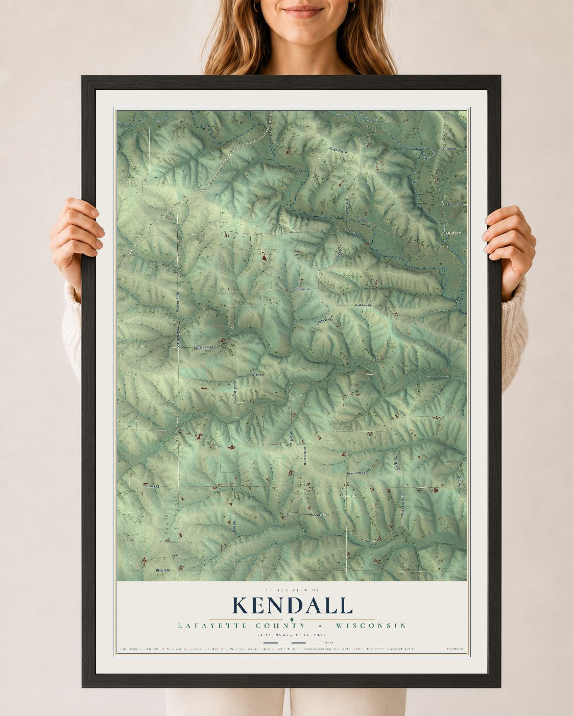 Map of Kendall, Lafayette County, Wisconsin, 24 x 36 inch print in a black wood frame