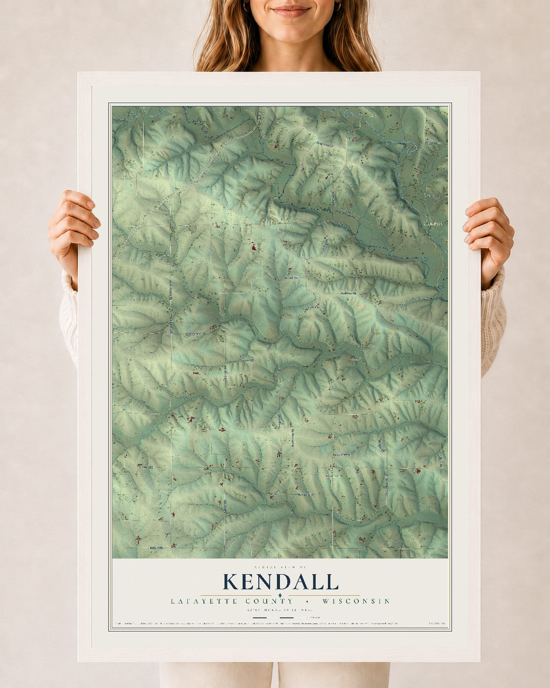 Map of Kendall, Lafayette County, Wisconsin, 24 x 36 inch print in a white wood frame