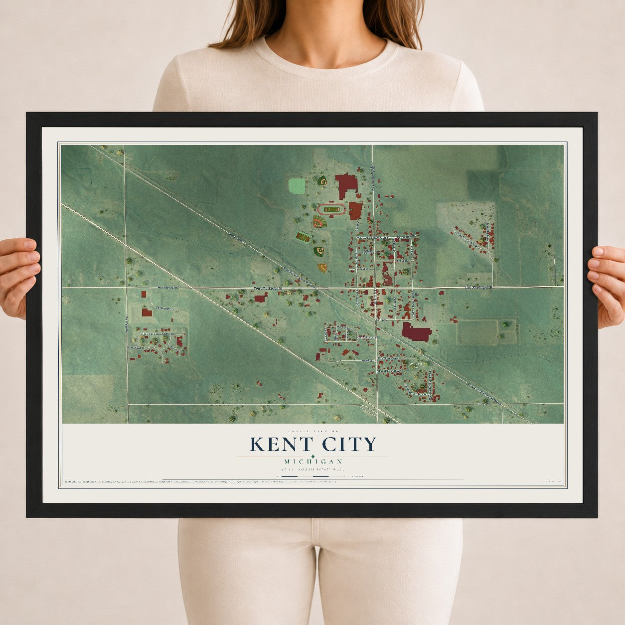 Map of Kent City, Michigan, 18 x 24 inch print in a black wood frame