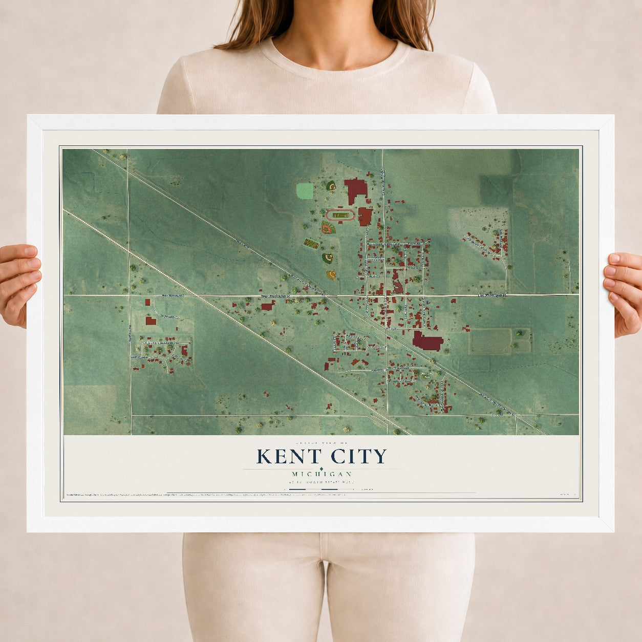 Map of Kent City, Michigan, 18 x 24 inch print in a white wood frame