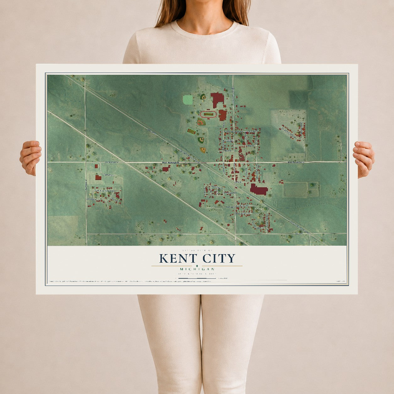 Map of Kent City, Michigan, 24 x 36 inch unframed archival matte print