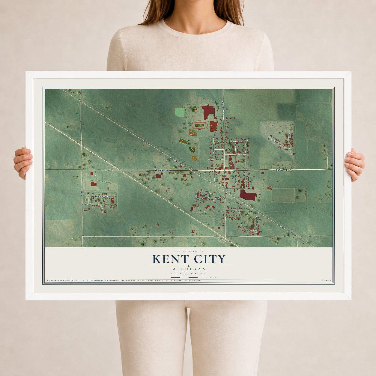 Map of Kent City, Michigan, 24 x 36 inch print in a white wood frame