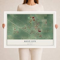 Map of Kent City, Michigan, 24 x 36 inch print in a white wood frame