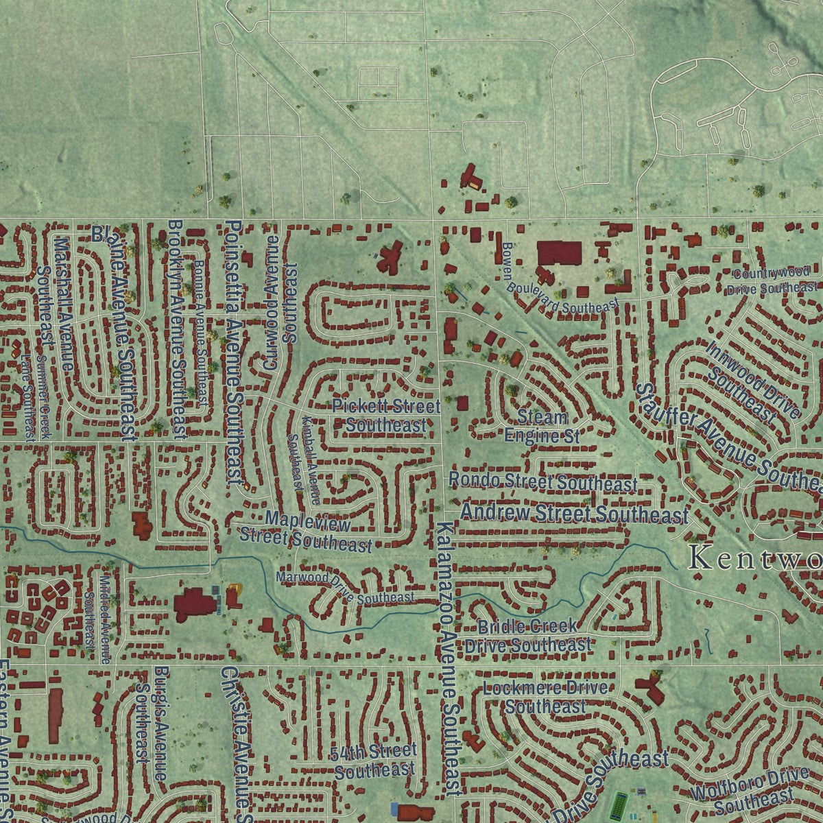 Close-up of the map of Kentwood, Michigan print showing street and building detail