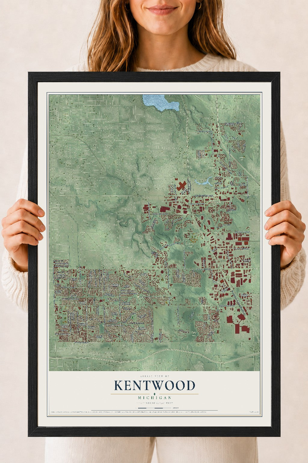 Map of Kentwood, Michigan, 18 x 24 inch print in a black wood frame