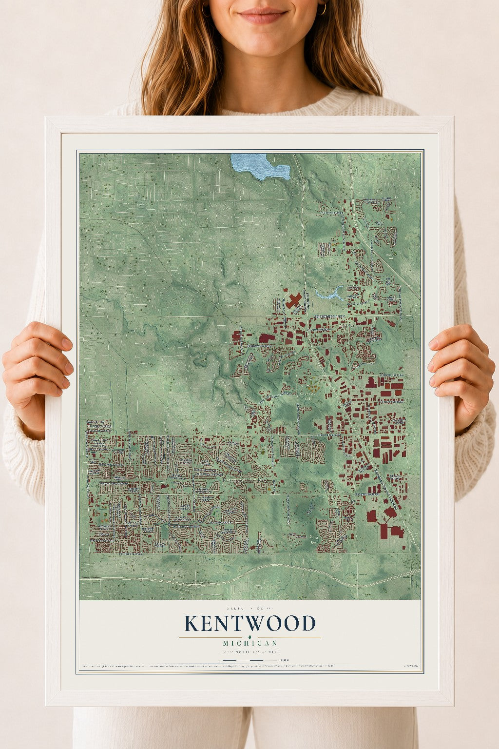 Map of Kentwood, Michigan, 18 x 24 inch print in a white wood frame