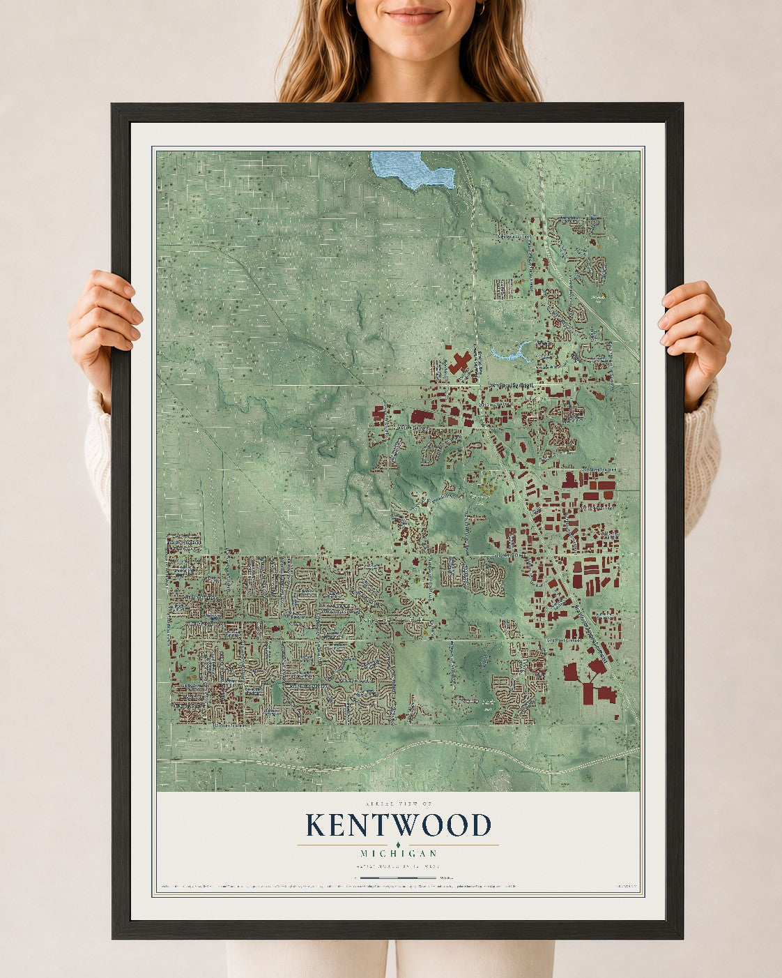 Map of Kentwood, Michigan, 24 x 36 inch print in a black wood frame