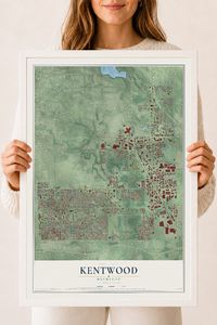 Map of Kentwood, Michigan, 18 x 24 inch print in a white wood frame