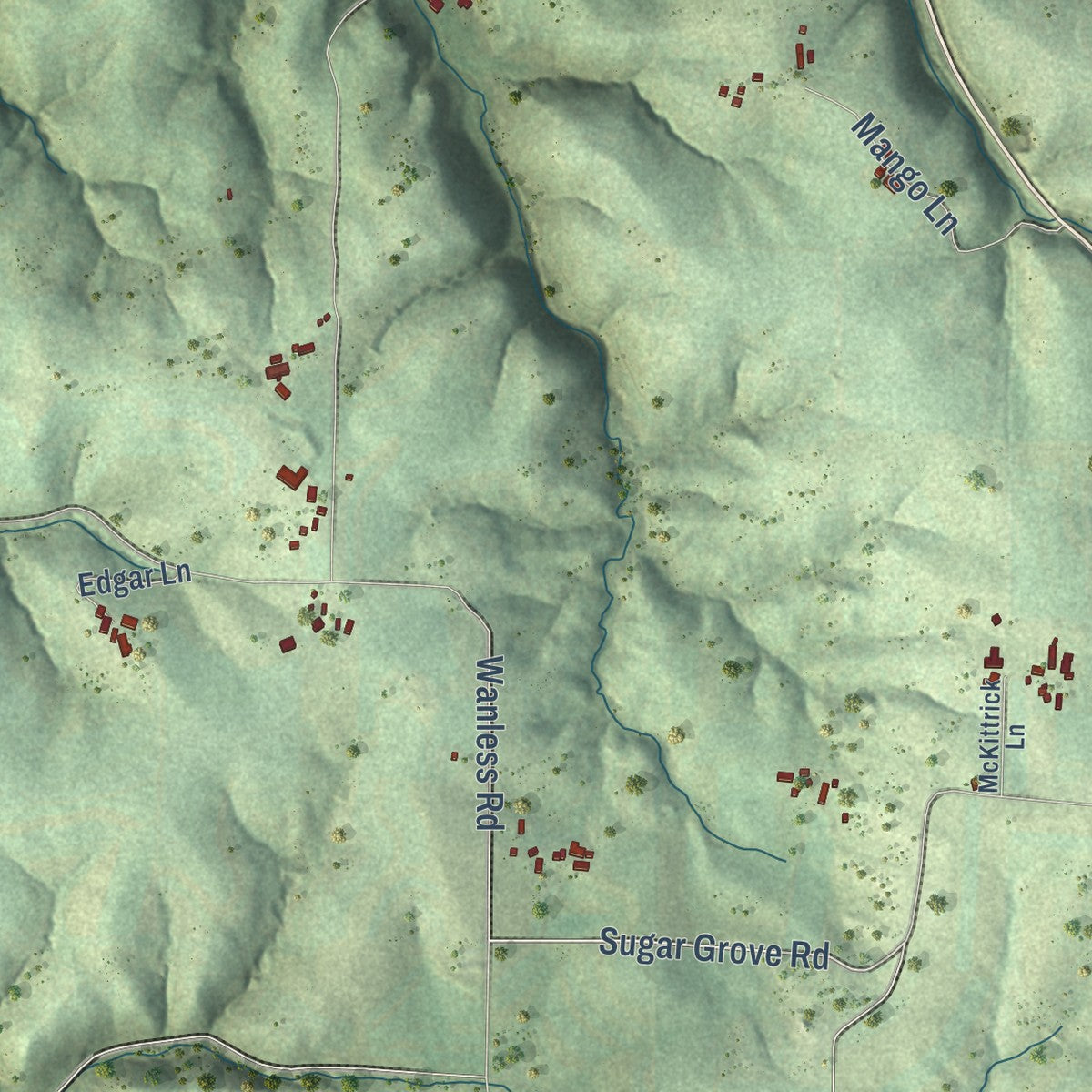 Close-up of the map of Kickapoo, Wisconsin print showing street and building detail