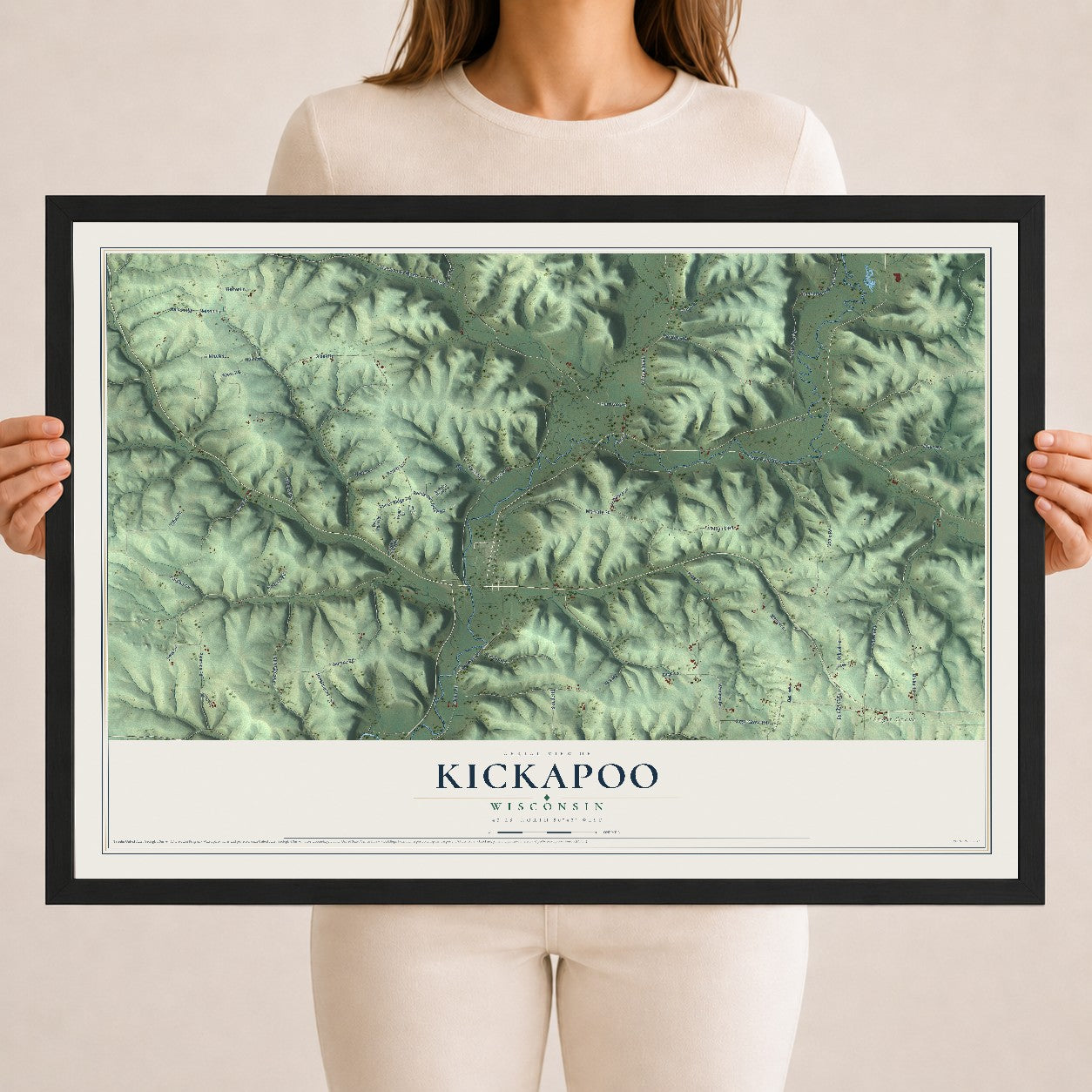 Map of Kickapoo, Wisconsin, 18 x 24 inch print in a black wood frame