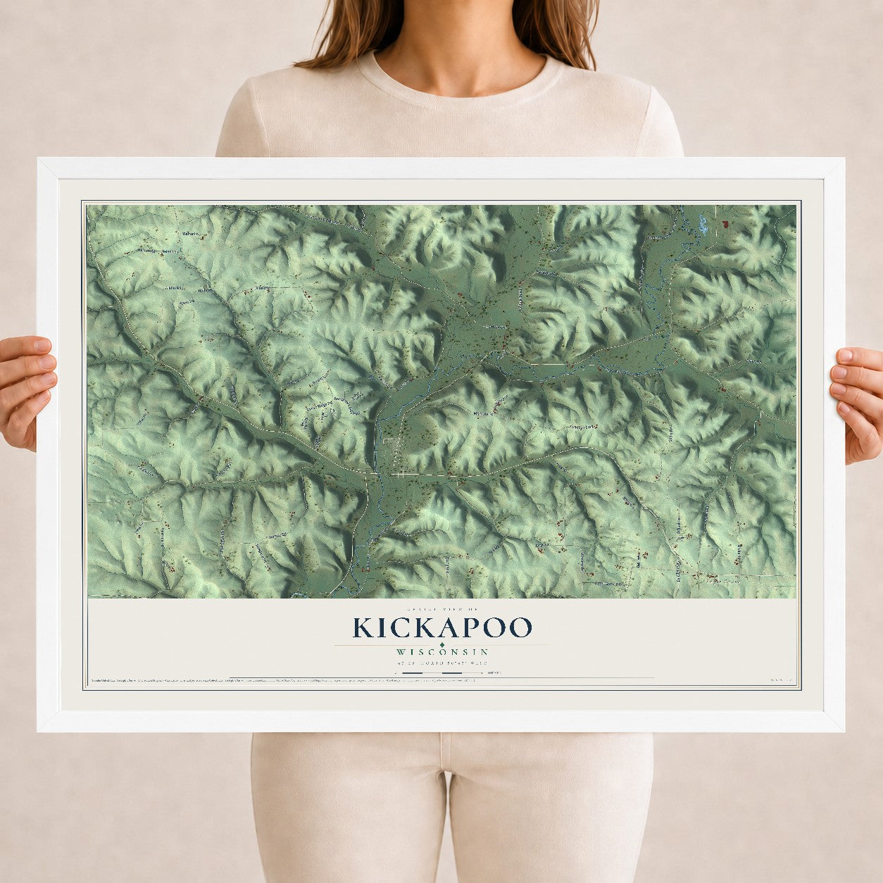 Map of Kickapoo, Wisconsin, 18 x 24 inch print in a white wood frame
