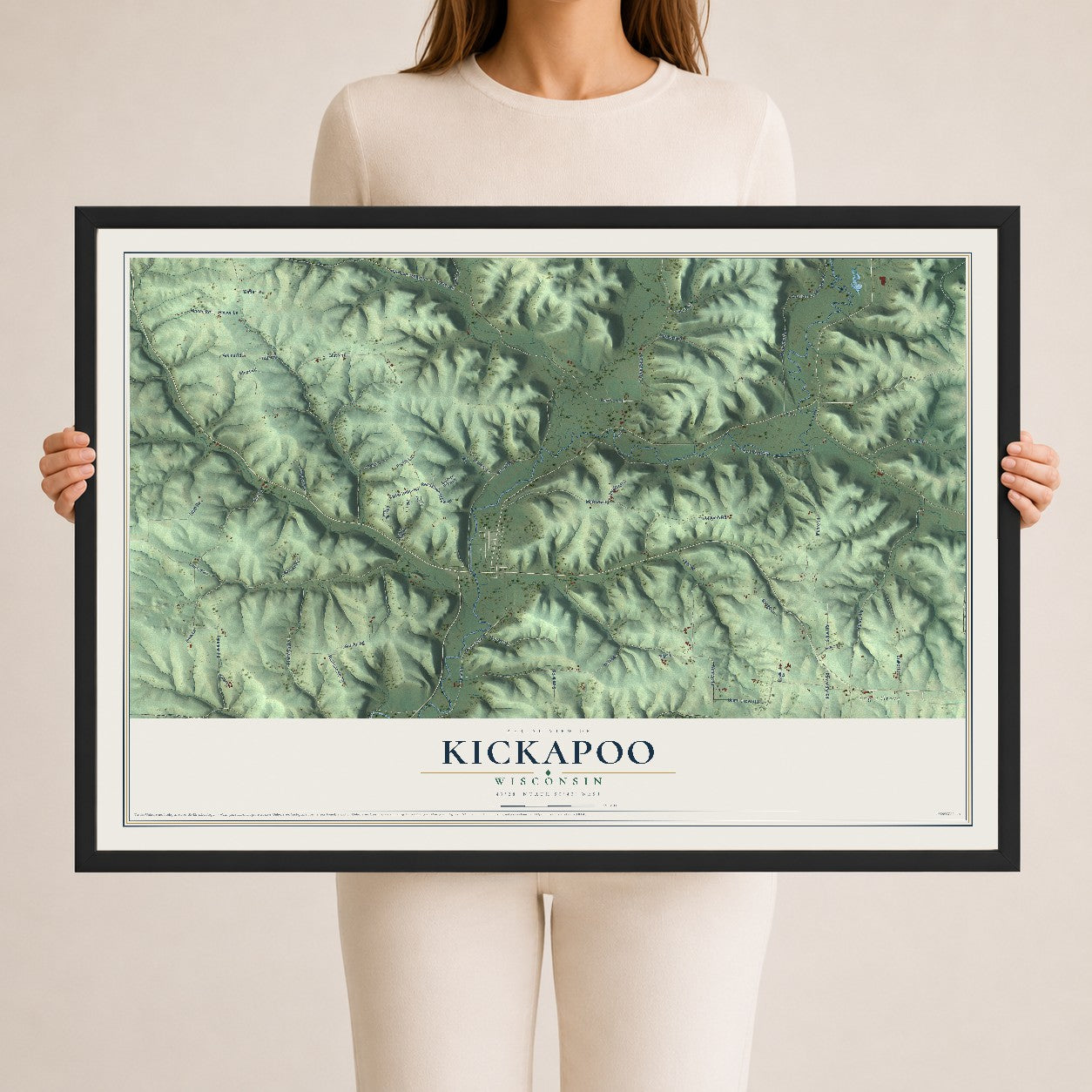 Map of Kickapoo, Wisconsin, 24 x 36 inch print in a black wood frame