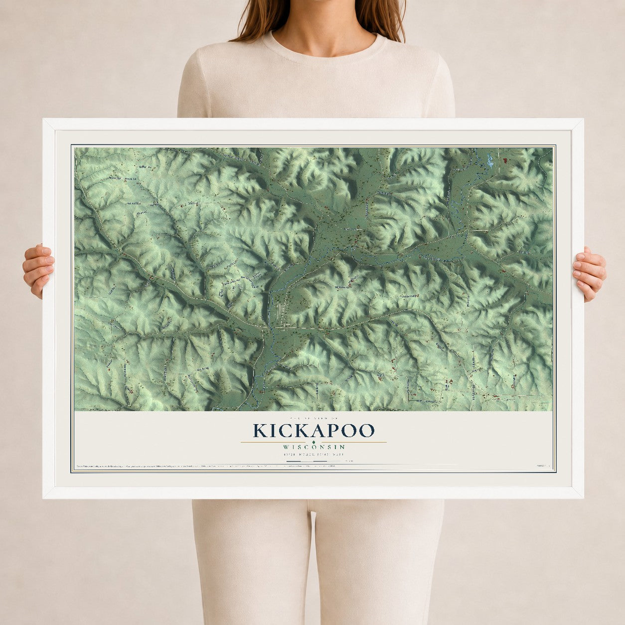 Map of Kickapoo, Wisconsin, 24 x 36 inch print in a white wood frame