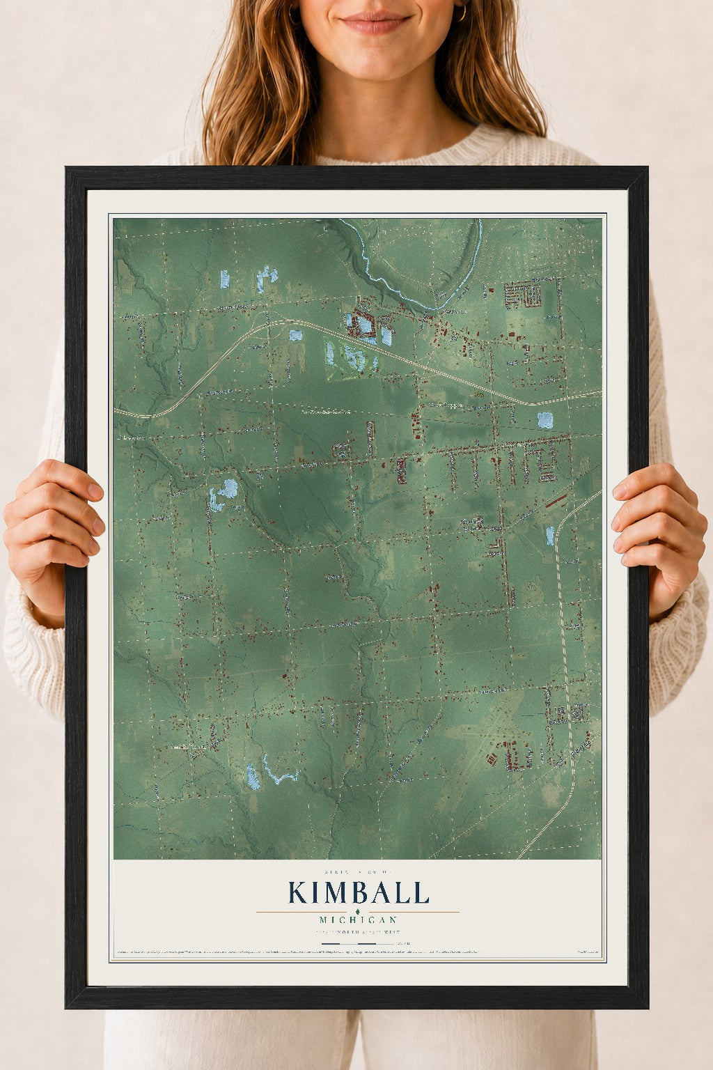 Map of Kimball, Michigan, 18 x 24 inch print in a black wood frame