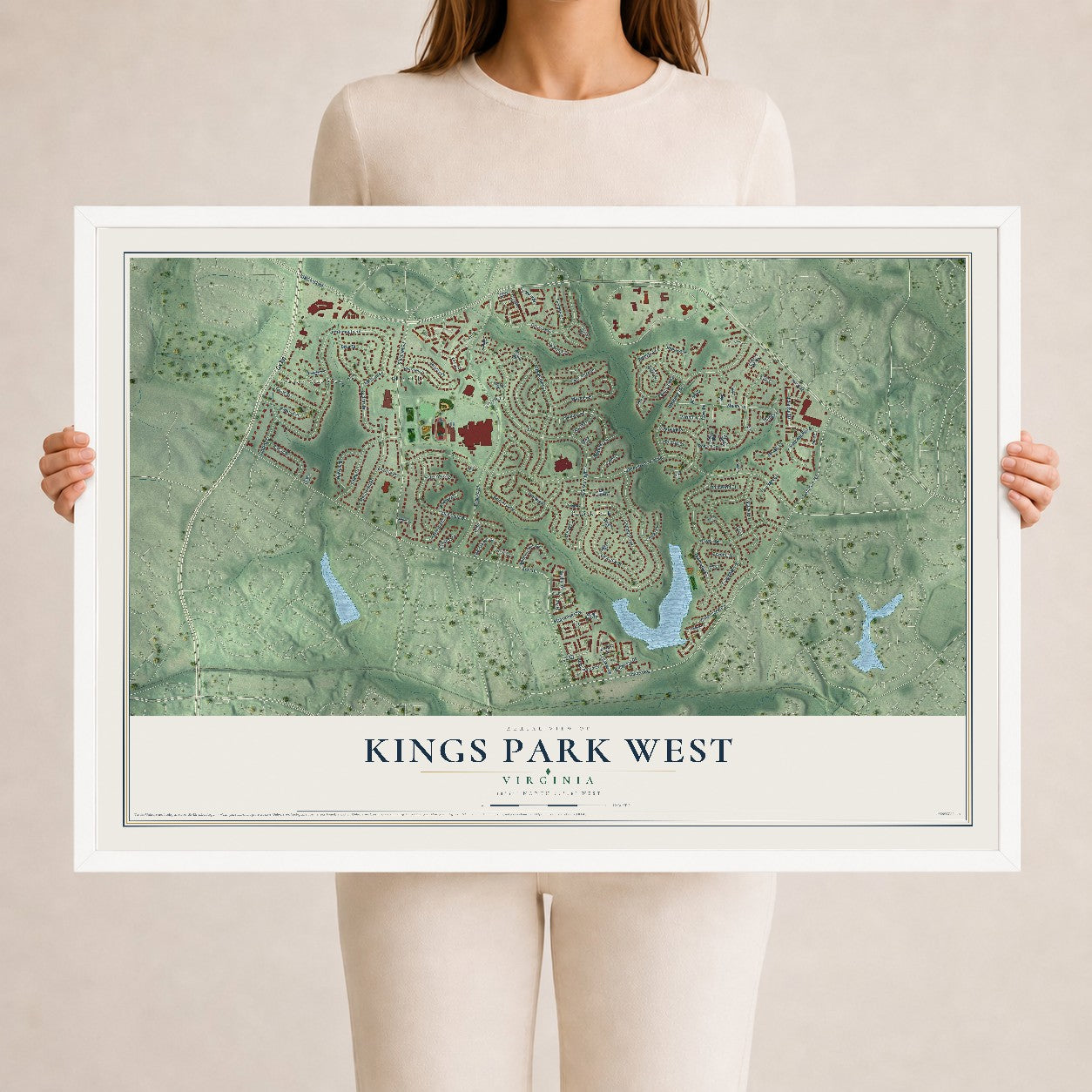 Map of Kings Park West, Virginia, 24 x 36 inch print in a white wood frame