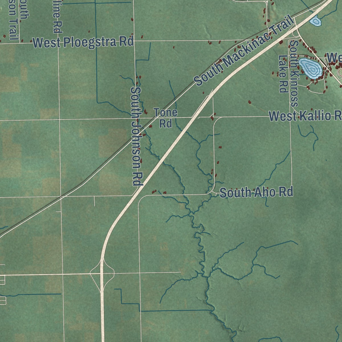 Close-up of the map of Kinross, Michigan print showing street and building detail