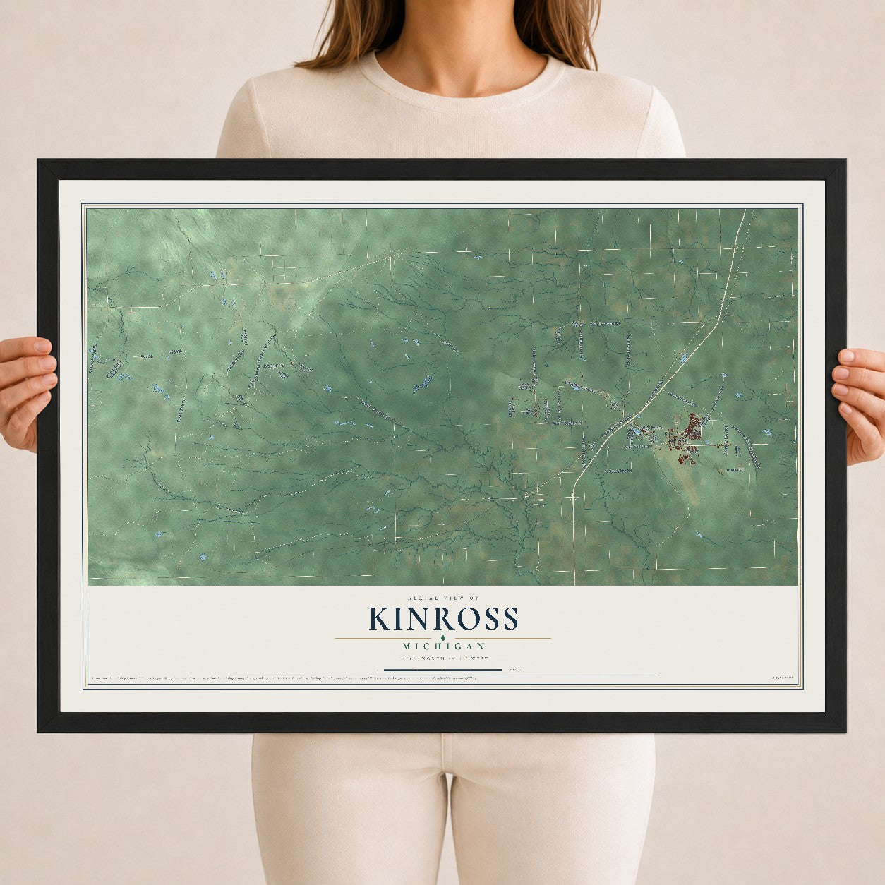 Map of Kinross, Michigan, 18 x 24 inch print in a black wood frame