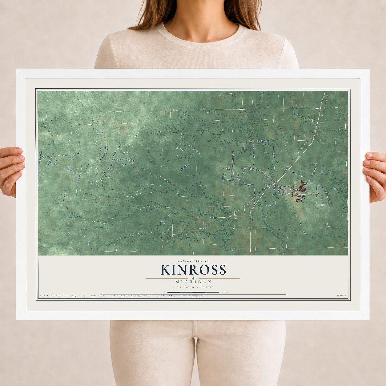 Map of Kinross, Michigan, 18 x 24 inch print in a white wood frame