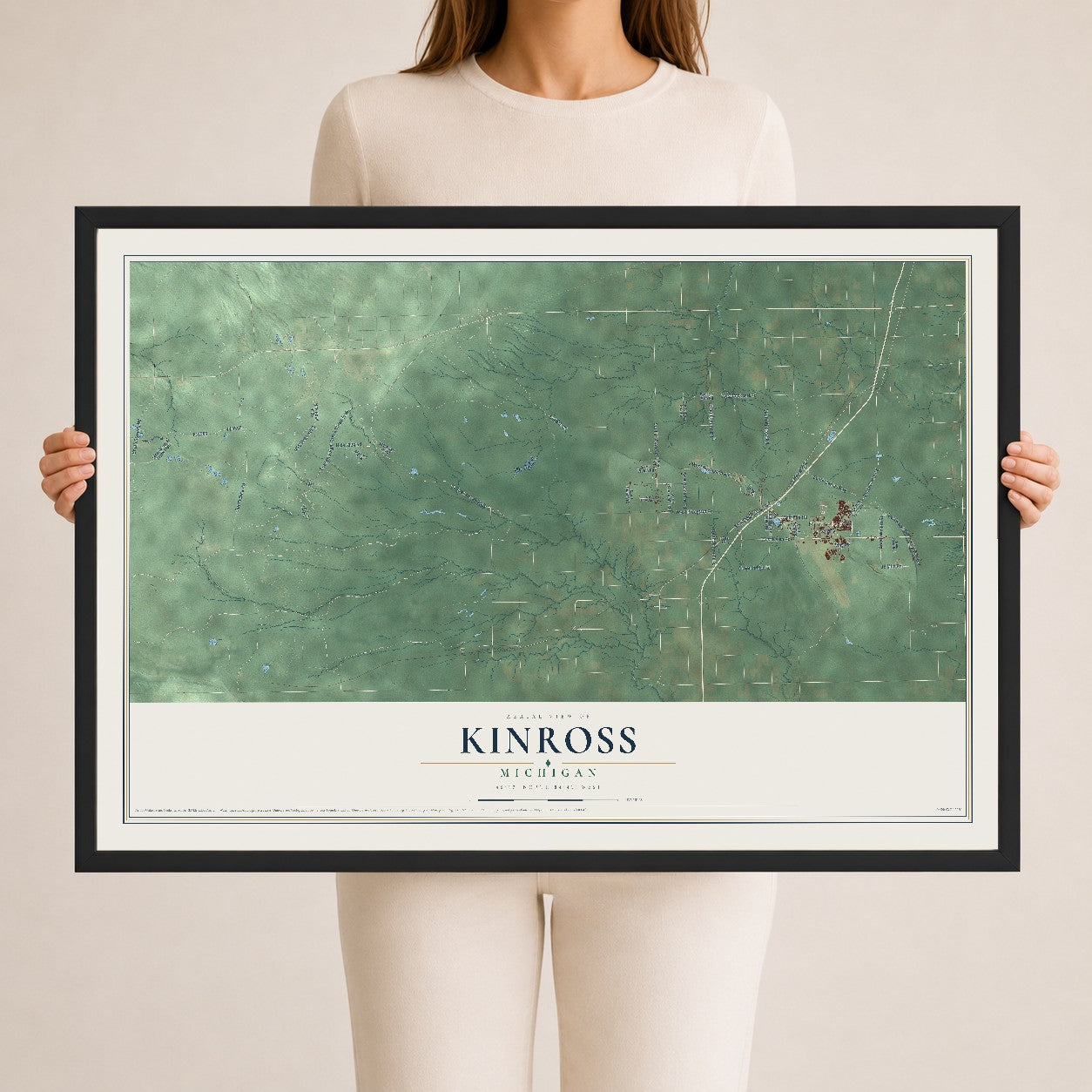 Map of Kinross, Michigan, 24 x 36 inch print in a black wood frame