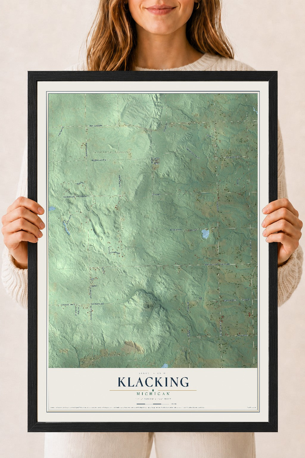 Map of Klacking, Michigan, 18 x 24 inch print in a black wood frame