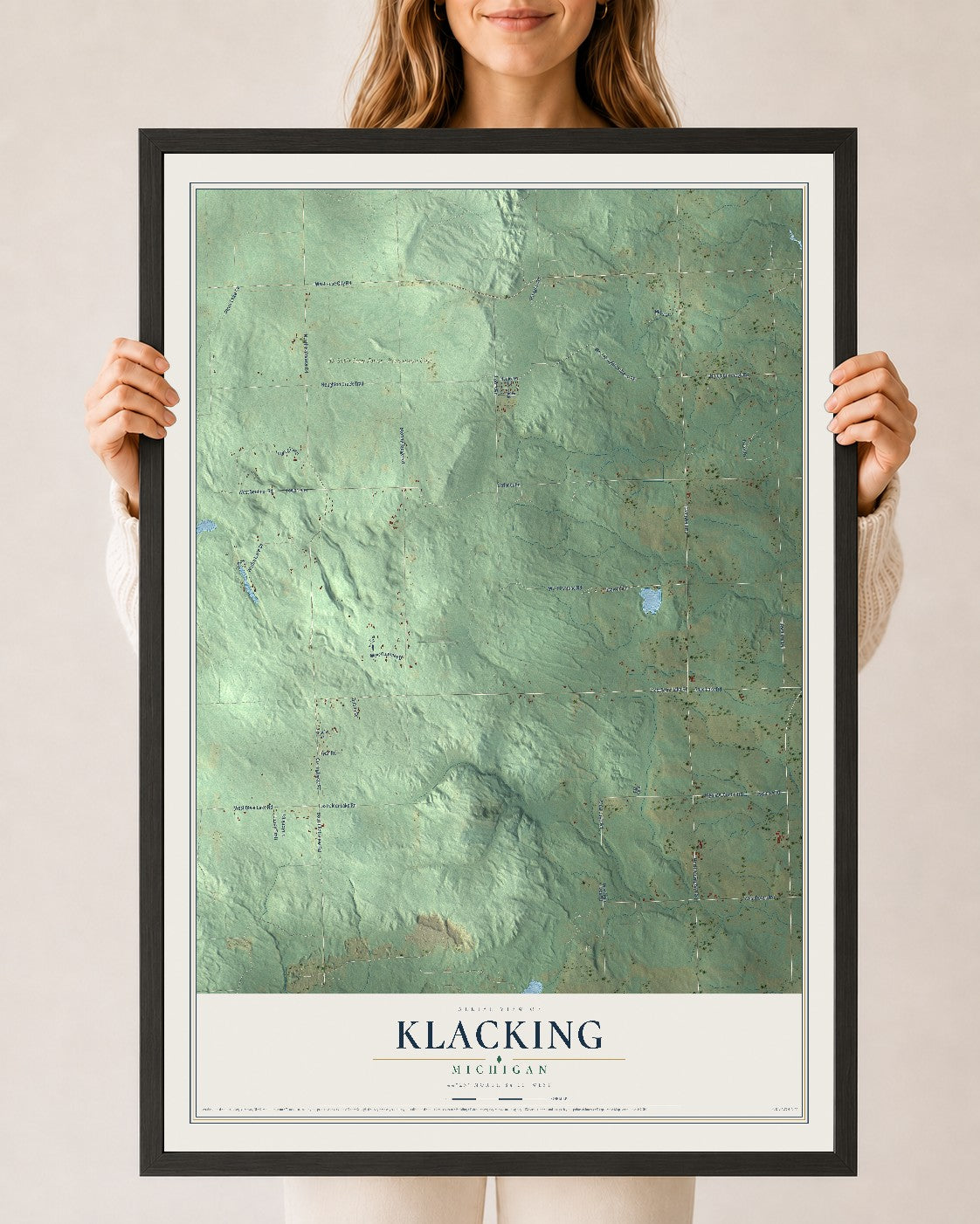 Map of Klacking, Michigan, 24 x 36 inch print in a black wood frame