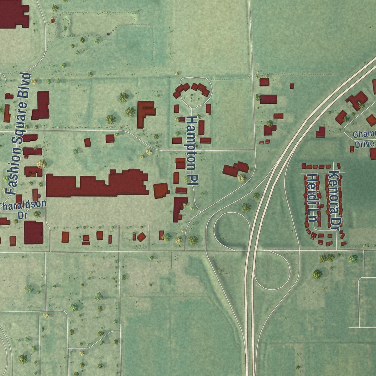 Close-up of the map of Kochville, Michigan print showing street and building detail