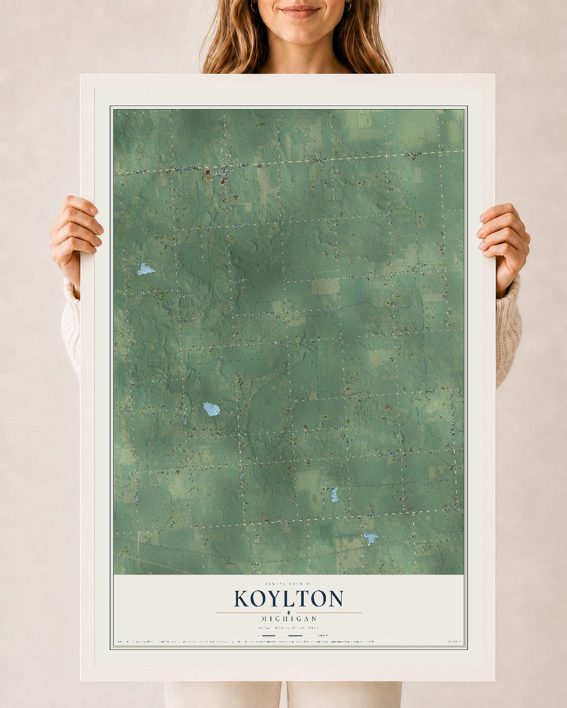 Map of Koylton, Michigan, 24 x 36 inch print in a white wood frame