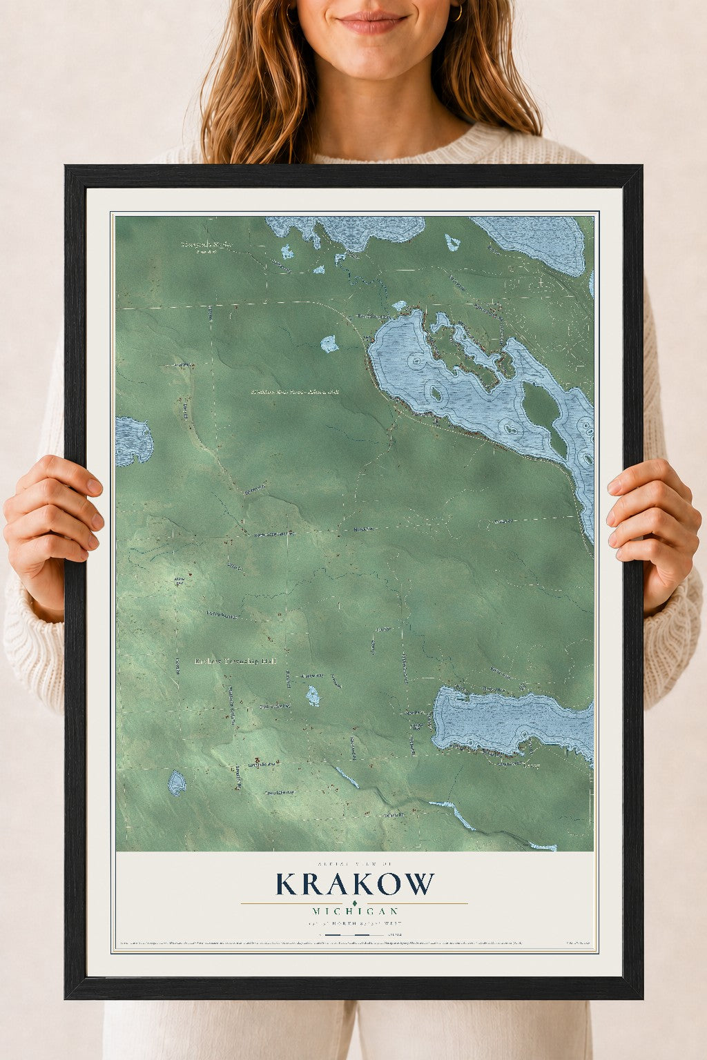 Map of Krakow, Michigan, 18 x 24 inch print in a black wood frame