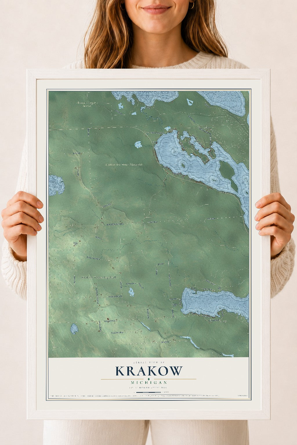 Map of Krakow, Michigan, 18 x 24 inch print in a white wood frame