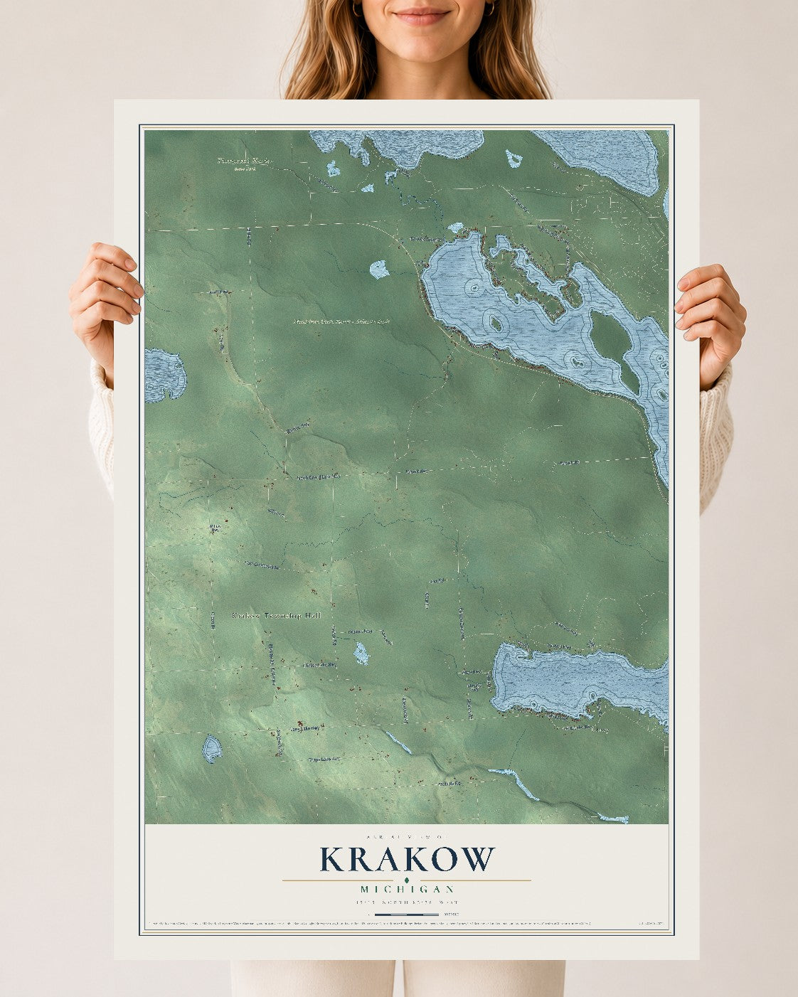 Map of Krakow, Michigan, 24 x 36 inch unframed archival matte print