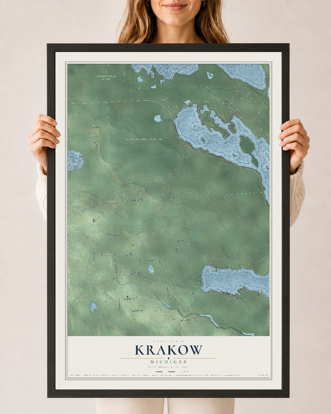Map of Krakow, Michigan, 24 x 36 inch print in a black wood frame