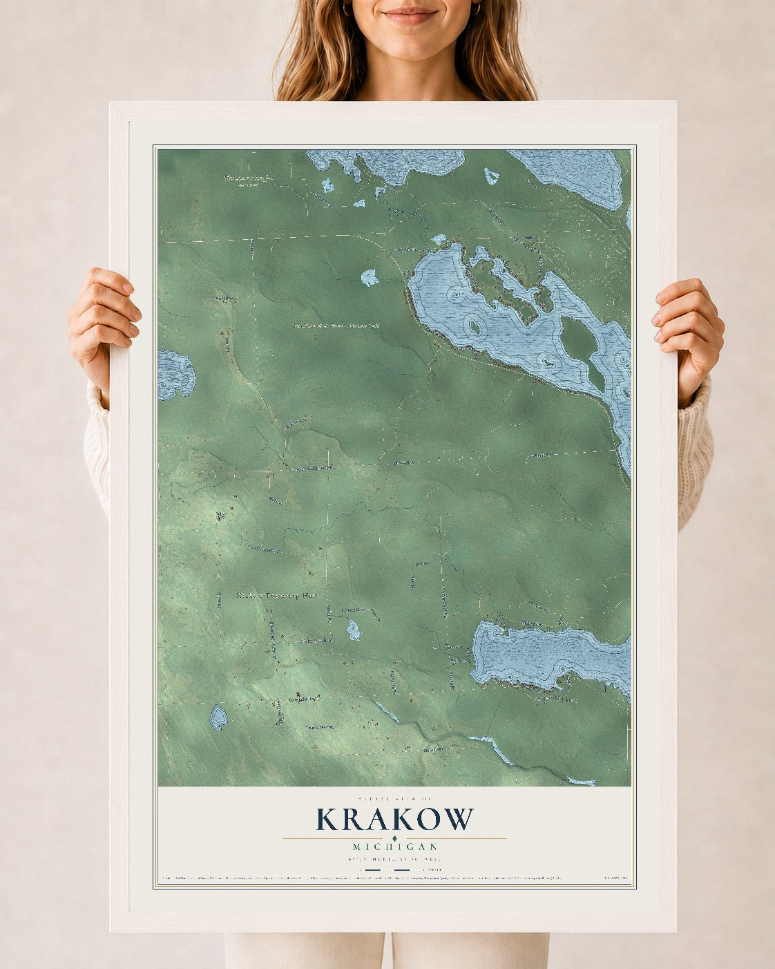 Map of Krakow, Michigan, 24 x 36 inch print in a white wood frame