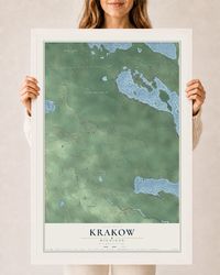 Map of Krakow, Michigan, 24 x 36 inch print in a white wood frame