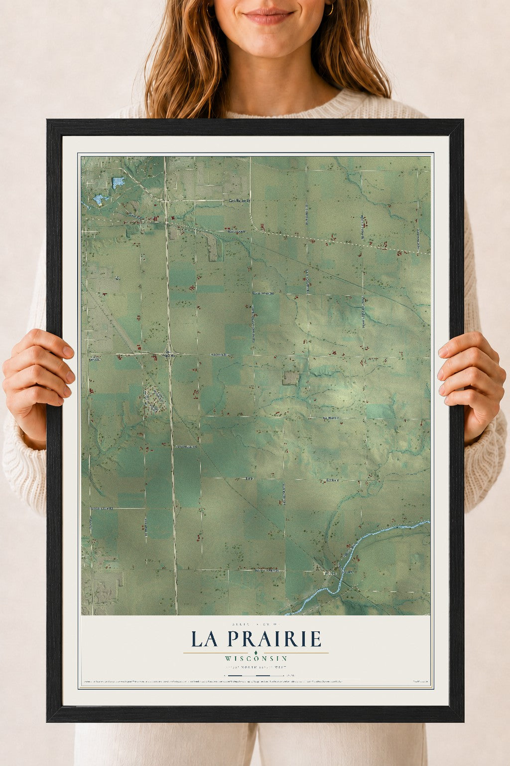Map of La Prairie, Wisconsin, 18 x 24 inch print in a black wood frame