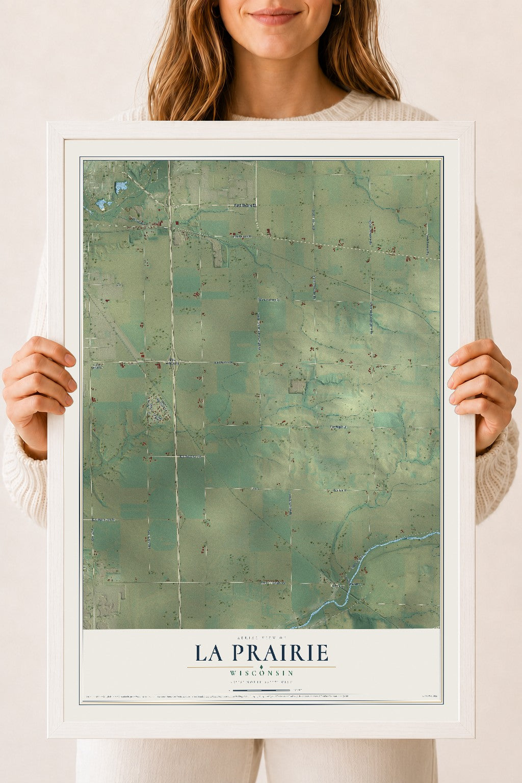 Map of La Prairie, Wisconsin, 18 x 24 inch print in a white wood frame
