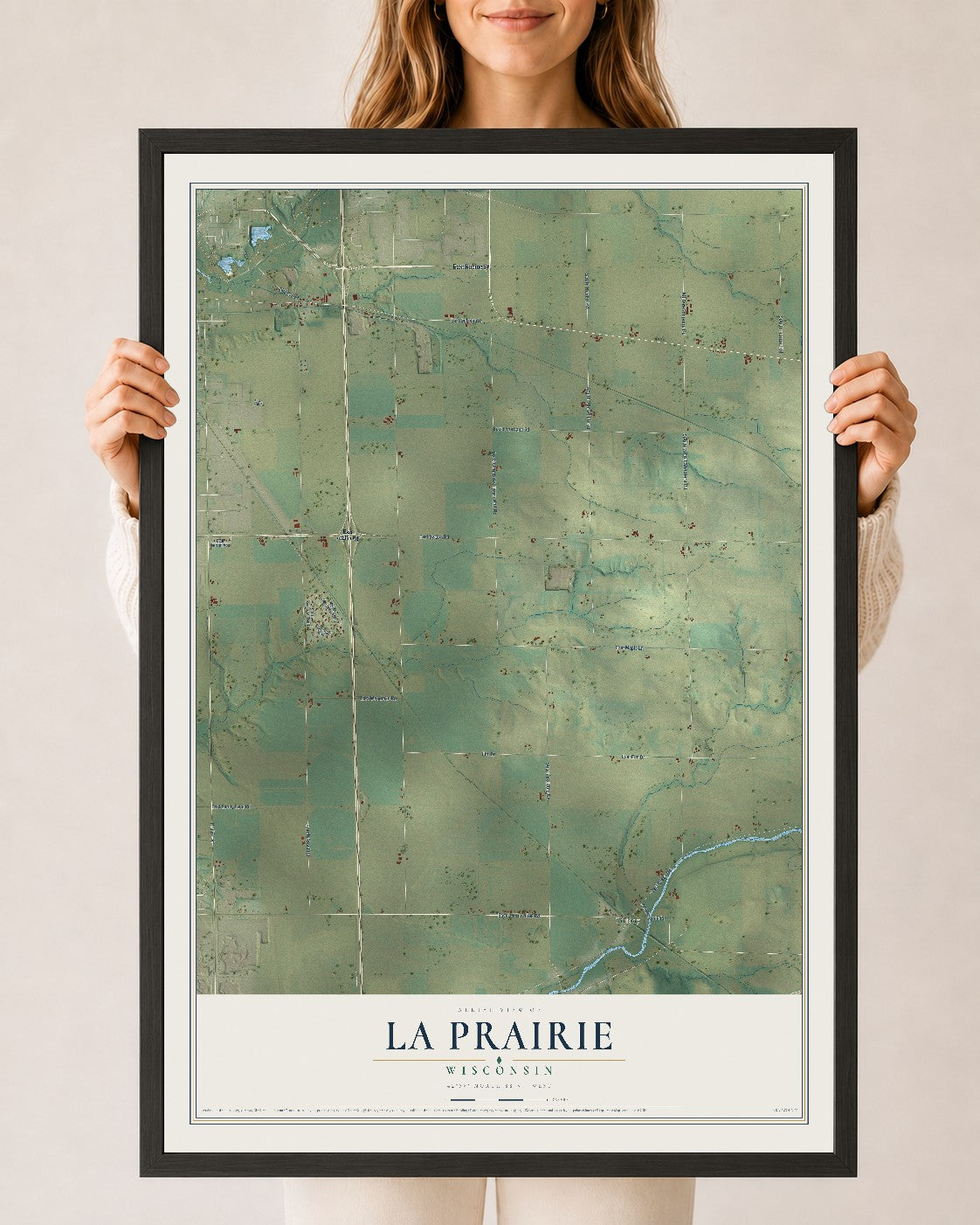 Map of La Prairie, Wisconsin, 24 x 36 inch print in a black wood frame