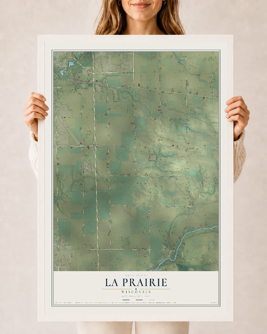 Map of La Prairie, Wisconsin, 24 x 36 inch print in a white wood frame