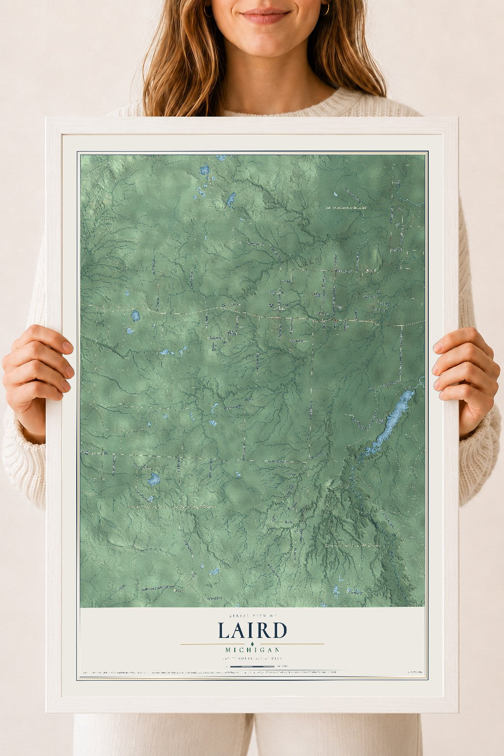 Map of Laird, Michigan, 18 x 24 inch print in a white wood frame